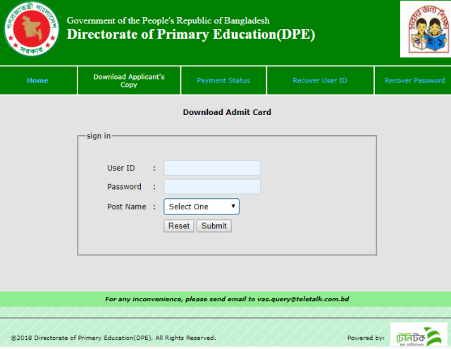  Primary Teacher Admit Card Download