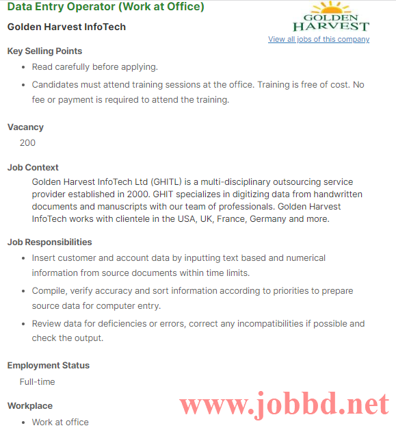 Golden Harvest Group Job Circular 2022