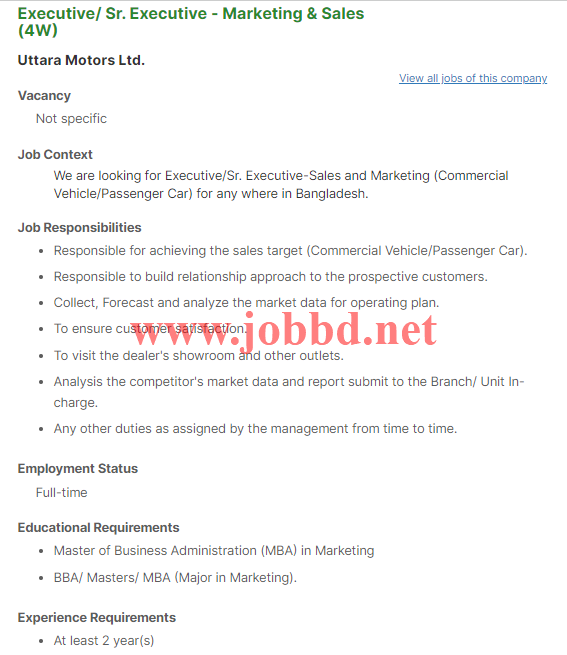 Uttara Motors Limited Job Circular 2022
