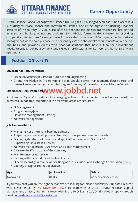 Uttara Finance Capital Management Limited (UFCML) Job Circular 2022