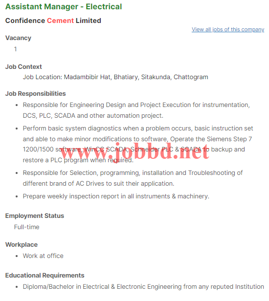 Confidence Cement Limited Job Circular 2023