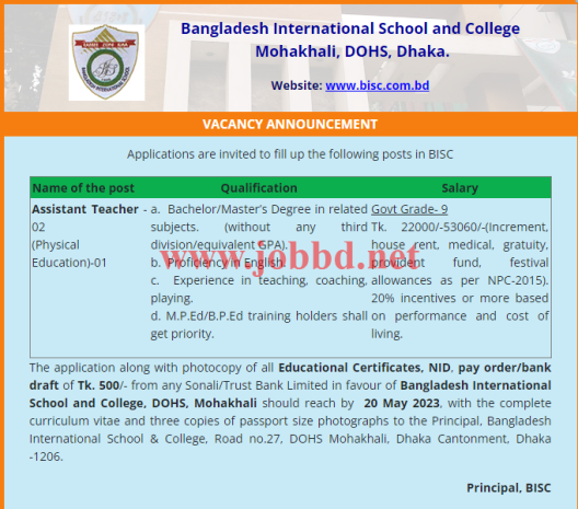 Bangladesh International School and College Job Circular 2023