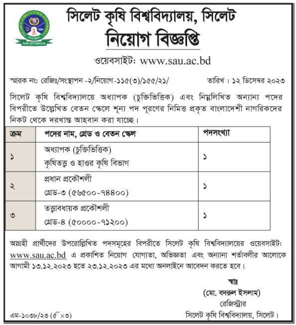 Sylhet Agricultural University Job Circular 2024